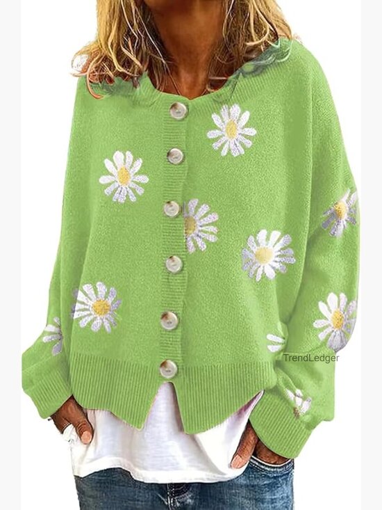 Sweaters - Trendy Daisy Floral Ribbed Knit Cardigan Button Down Loose Crop Sweater Coat
